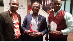 From left: Felix Mahan, Ford Brand Manager, Coscharis Motors; Dr. Cosmas Maduka, President, Coscharis Group; and Mr. Abiona Babarinde, General Manager, Marketing and Corporate Communications, Coscharis Group; at the 2016 Nigeria Auto Journalists Association Awards held at the Eko Hotel & Suits, Victoria Island ...Thursday, November 24, 2016.