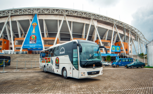 The MAN Lion's Coach in front of the Stade Omar Bongo in Libreville. A total of 16 of the luxury coaches are being used at the Africa Cup of Nations. 