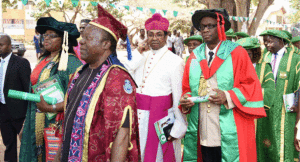The Corps Marshal, FRSC, Dr. Boboye Oyeyemi (second from right) in a convocation procession during the conferment of a Doctorate Degree (Phd) on him by the University of Nigeria Nsukka. 