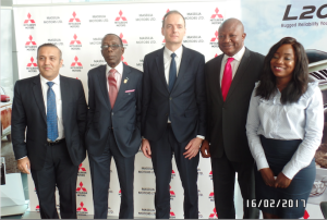 From left : General Manager, Sales and Marketing, Massilia Motors Limited, Mr. Navin Chander; Deputy Managing Director, Kewalram Chanrai Group, Mr. Victor Eburajolo; Managing Director, Massilia Motors Limited, Mr. Thomas Pelletier; Deputy Managing Director, Massilia Motors Limited, Mr. Kunle Jaiyesimi; and Marketing Manager, Massilia Motors Limited, Miss Funmi Abiola, at a media briefing to announce the position of Massilia Motors Limited as the sole distributor of Mitsubishi vehicles in Nigeria at the Mitsubishi showroom, Victoria Island, Lagos … Thursday 