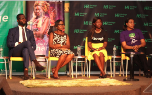 From left: Jubril Adeojo, Head, SME Assets & Intervention Funds, Heritage Bank Plc; Mrs. Ayanfeoluwa Oluwaseun, Thriving Enterprise Development Centre; Sarah Edward, Associate Consultant, Kinetic Associates Limited; and Cynthia Erigbuem, Group Head, Market Intelligence & Analytics, Heritage Bank, during the event organised by Heritage Bank to mark the International Women's Day tagged: "Be Bold for Change," in Lagos.