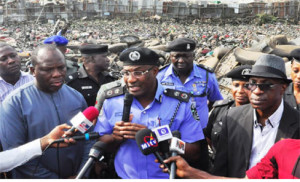 Acting Commissioner for Transportation, Prince Olanrewaju Elegushi; State Commissioner for Police, Mr. Fatai Owoseni and Permanent Secretary, Ministry of Transportation, Engr. Caster Bade-Ajibade at  a media briefing to announce the decision of the Lagos State Government to crush and recycle over 4,000  impounded motorcycles (Okada) at the Olusosun Dumpsite, Ojota, Lagos on Monday 