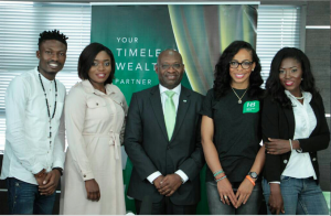 MD, Heritage Bank Plc, Ifie Sekibo, (middle) flanked from the right by Bisola Ayeola (Bisola), Efe Ejegba (Efe), from left Tokunbo Idowu (TBoss) and Oluwarise Deborah (Debbie Rise), during the visit of the Big Brother Naija 5-top finalists to Heritage Bank's Head Office, in Lagos...recently