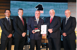 Francois Drury (centre) of Hino Kuilsrivier, the Hino Robin Hood Knight of the Year for 2016, at the recent awards presentation in Cape Town with (from left): Yasushi Muroya, Senior Executive Co-Ordinator, Hino; Andrew Kirby, President and CEO, Toyota SA Motors; Calvyn Hamman, Senior Vice President - Sales and Marketing, Toyota SA Motors; and Ernie Trautmann, Vice President, Hino SA. 