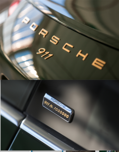 Badge of the one-millionth Porsche 911 (top) and the  One-millionth Porsche 911 with golden stroke