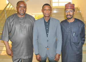 Aliyu (middle) flanked by Aromolaran (left) and NAMA Vice Chairman, Alhaji Ibrahim Dutsinma Boyi (MD PAN), during the visit