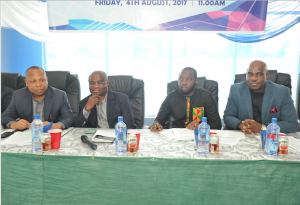 From left: Fred Amobi, Group Executive Director Operations; Okey Nwuke, Deputy Group Managing Director; Cosmas Maduka Jr, Executive Director, Aftersales; Abiona Babarinde, General Manager Marketing and Corporate Communications; all of Coscharis Group at the Convocation ceremony for Auto Technicians from CG - Eko Training Academy facilitated by Coscharis Group in Lagos... Friday 