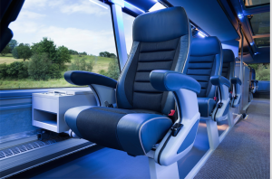 Up to 20-players find a lot of space and relaxing comfort on the single seats in the upper deck of the Neoplan Skyliner
