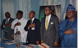 From left:  Ifie Sekibo, MD/CEO of Heritage Bank Plc; Leke Ogungbe, Deputy Chief of Staff, representing the Governor of Kwara State, Abudulfatah Ahmed; Chief Medical Director, University College Hospital, Ibadan, Prof. Temitope Alonge; Chief Launcher to the Fund, Dr. Pual Apolo and Governor of Oyo State, Sen. Abiola Ajimobi, at the launching of the N50bn Healthcare Endowment Fund for restoration and transformation of Government Hospitals and Health Centres in Oyo State …last weekend.