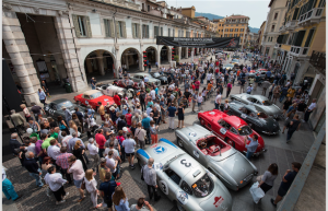 Mille Miglia 2017- Mercedes-Benz Classic cars. Left to right- 300 SL racing sports car (W 194), 190 SL (W 121), 300 SL "Gullwing" Coupés (W 198). Stage from Brescia to Padua, 18 May 2017