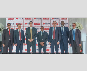 From left:: Naeem Hassim, Head of Regional Center Africa, Daimler Commercial Vehicles MENA; Richard Bielle, Chairman and CEO, CFAO; Ilan Elad, Director International Sales Operations, DAIMLER Asia ; Mr Jelani Aliyu, Director General, National Automotive Design and Development Council (NADDC); Thomas Pelletier, Managing Director CFAO Nigeria Plc; Gbenga Oyebode, Chairman CFAO Nigeria Plc; and Marc Ferreol, Chief Executive Officer, West Africa CFAO….at the inauguration of the CFAO FUSO assembly plant in Lagos …recently  