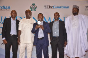 From left: Adesoji Fagbemi, Group Executive Director, Lubcon International; Dr Martins Ogwuda of the Central Bank of Nigeria, representing Mr Godwin Emefiele, CBN Governor; Mr Taiye Williams, Managing Director Lubcon International, lifting their award; Chief Onwuta Kalu, Group Managing Director, Lubcon International; Mr Mohammed Kabir Ibrahim, Project Manager Lubcon International at the maiden Guardian Manufacturer Excellence Awards 2017 which held at the Eko Hotel & Suites, Victoria Island, Lagos. ..recently