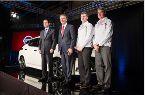  From left:  José Muñoz, Chief Performance Officer, Nissan Motor Co., Ltd. and Chairman, Nissan North America, Tennessee Gov. Bill Haslam, Heath Holtz, Vice President, Manufacturing, Smyrna Vehicle Assembly Plant and Jeff Younginer, Vice President, Manufacturing, Smyrna Vehicle Assembly Plant, Nissan North America, Inc. stand next to the first all-new 2018 Nissan LEAF produced at the Smyrna Vehicle Assembly Plant in Smyrna, Tenn.