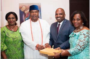 From left:  Chief Mrs. Funmilayo Omokhodion, Chief Lawson Omokhodion presenting the Distinguished Old Boy of the Year Award to Mr. Charles Isa supported by his wife Mrs. Rosemary Isa, at the 2017 Annual Dinner of Edo College Old Boys Association (ECOBA) Lagos Branch which held  at the Metropolitan Club, Lagos… last weekend  